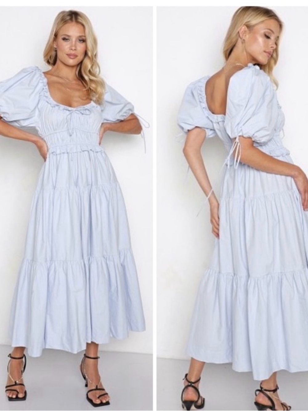 En Saison Puff Sleeve Tiered Cotton Midi-Dress